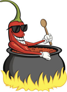 A chili pepper sitting in a pot of boiling hot chili holding a wooden spoon.