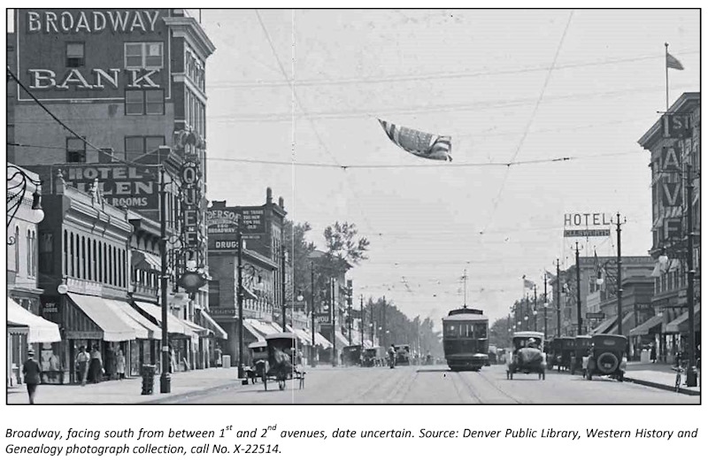 Photo of Broadway in Denver, between 1st and 2nd Avenues. A streetcar, horse cart, and 1920s automobile are in view.