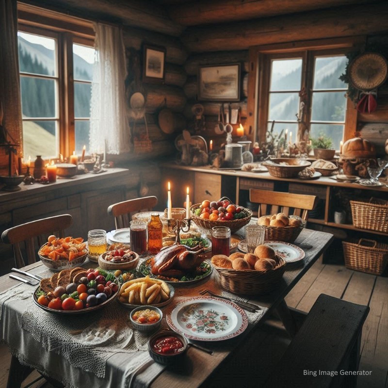 A dinner table in a humble mountain cabin, with a traditional thanksgiving meal on it, prepared with all the traditional trimmings. Picture by Bing AI.