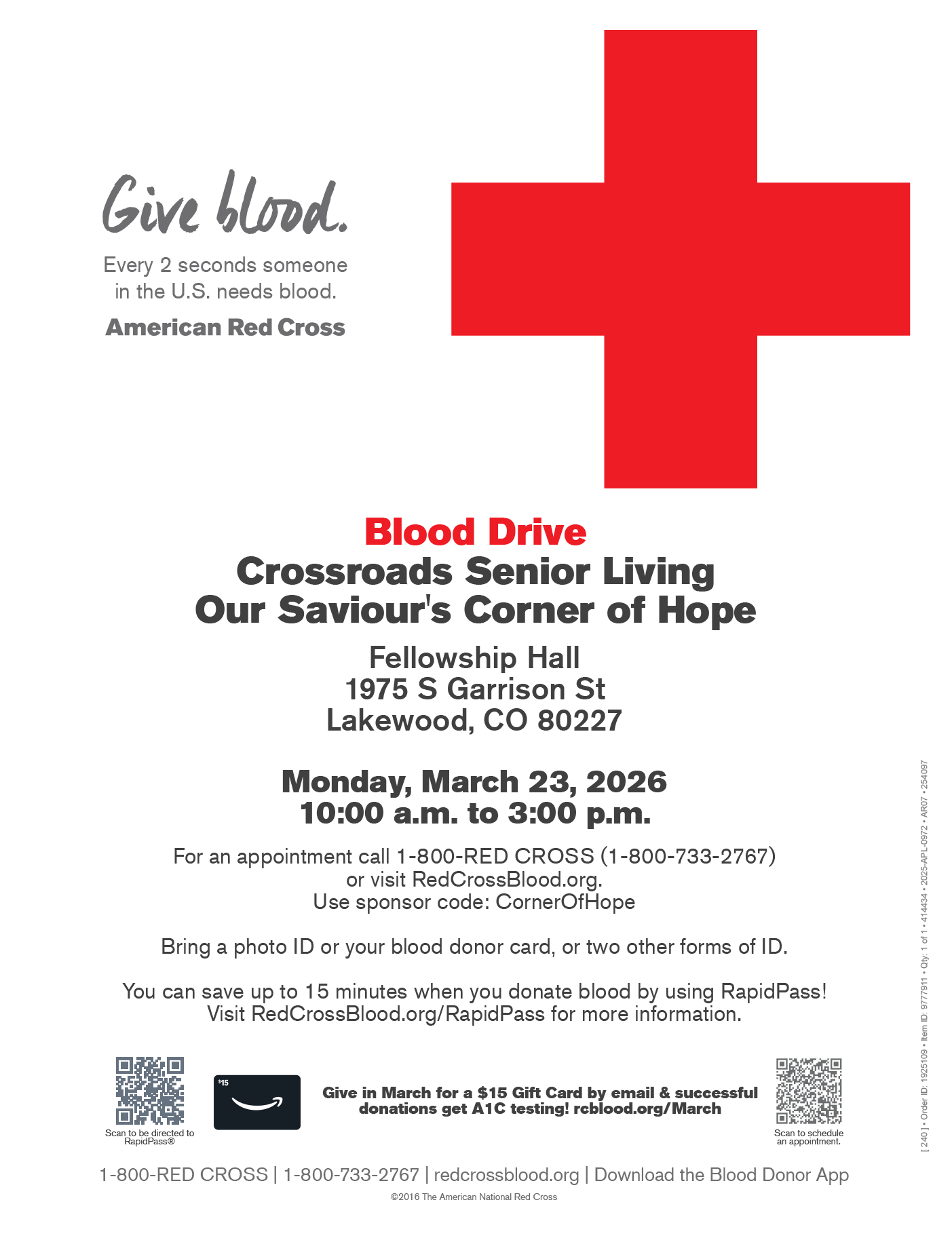 Poster for Red Cross Blood Drive March 23, 2026