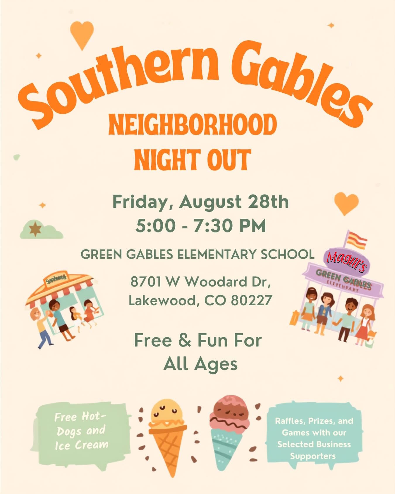 Poster advertising Southern Gables Neighborhood Night Out August 28, 2026, 5:00 to 7:30 p.m. at Green Gables Elementary School campus